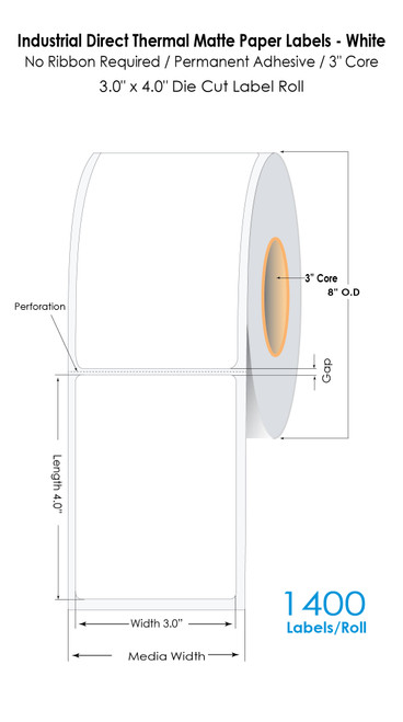 Industrial Direct Thermal Matte Paper Labels - White | 3" x 4" Die Cut Label Roll | 1400 Labels/Roll