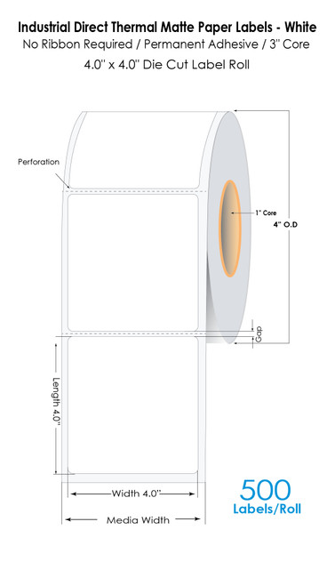 Desktop Direct Thermal Matte Paper Labels - White | 4" x 4" Die Cut Label Roll | 375 Labels/Roll