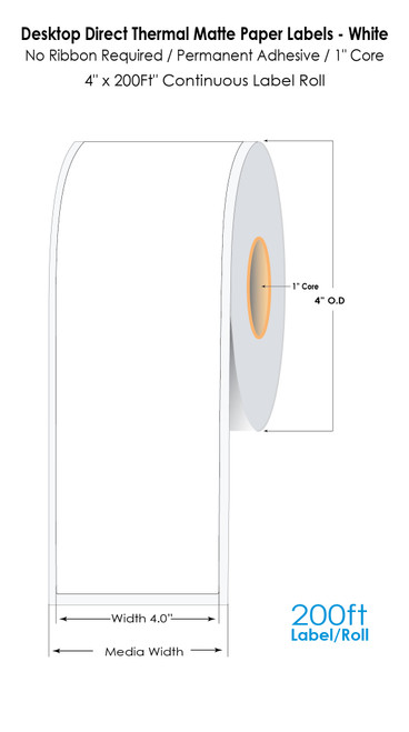 Direct Thermal 4" x 200Ft Continuous Label Roll - 1" Core | 4" OD Direct Thermal 4" x 200Ft Continuous Label Roll - 1" Core | 4" OD