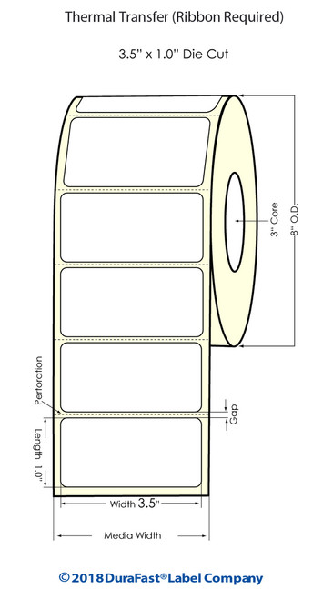 Thermal Transfer White 3.5" x 1" (1UP) 5500 Labels/Roll Sold by DuraFast Label Company Thermal Transfer White 3.5" x 1" (1UP) 5500 Labels/Roll Sold by DuraFast Label Company