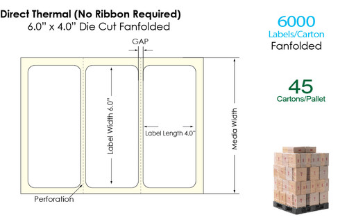 Direct Thermal 6" x 4" Matte Paper Labels 6,000 Fanfolded/Carton (Pallet Sale)