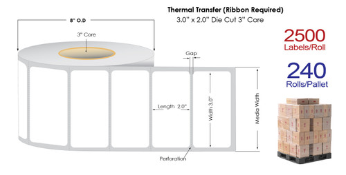 Thermal Transfer 3" x 2" Matte Paper Labels 2500/Roll - 3" Core | 8" OD / 8/Carton (Pallet Sale)