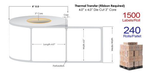 Thermal Transfer 4" x4" Matte Paper Labels 1500/Roll - 3" Core | 8" OD / 4 Rolls/Carton (Pallet Sale)