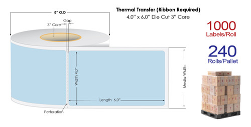 Thermal Transfer 4" x 6" BLUE Matte Paper Labels 1000/Roll - 3" Core | 8" OD / 4 Rolls/Carton