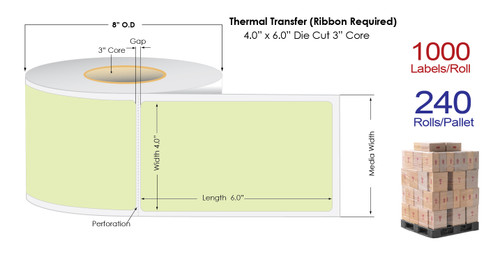 Thermal Transfer 4" x 6" GREEN Matte Paper Labels 1000/Roll - 3" Core | 8" OD / 4 Rolls/Carton (Pallet Sale)