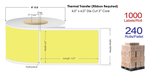 Thermal Transfer 4" x 6" YELLOW Matte Paper Labels 1000/Roll - 3" Core | 8" OD / 4 Rolls/Carton
