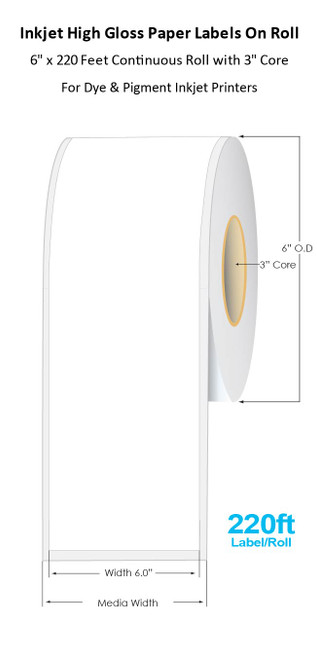 C6500 6" x 220 Feet Inkjet High Gloss Paper Continuous Label Roll | 220 Ft/Roll | 3" Core/6"OD