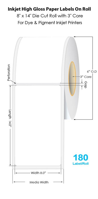 C6500 8" x 14" Inkjet High Gloss Paper Die Cut Label Roll | 180/Roll | 3" Core/6"OD