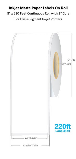 C6500 8" x 220 Feet Inkjet Matte Paper Continuous Label Roll | 220 Ft/Roll | 3" Core/6"OD