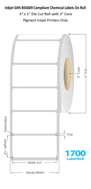 C6500 4" x 1" Inkjet Chemical Die Cut Label Roll | 1700/Roll | 3" Core/6"OD