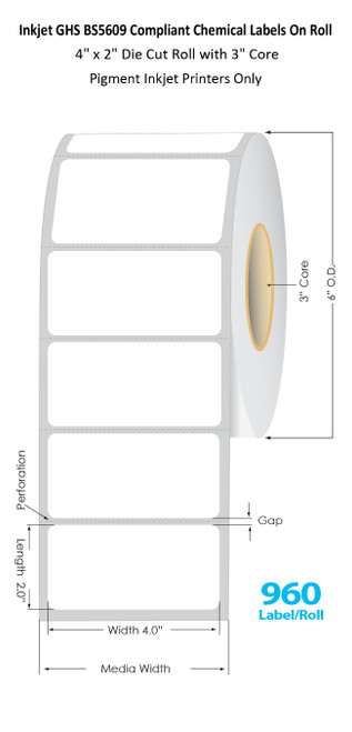 C6500 4" x 2" Inkjet Chemical Die Cut Label Roll | 960/Roll | 3" Core/6"OD