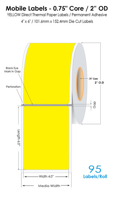 Mobile 4" x 6" Yellow Direct Thermal Labels 95/Roll | 2.25"OD Mobile 4" x 6" Yellow Direct Thermal Labels 95/Roll | 2.25"OD