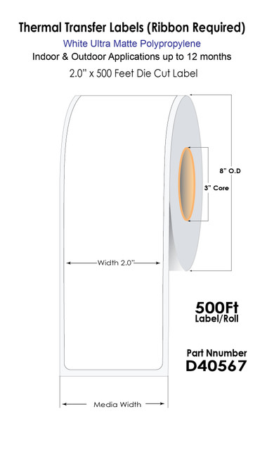 Thermal Transfer 2" x 500 Feet Cont Paper Label Roll Back Slit