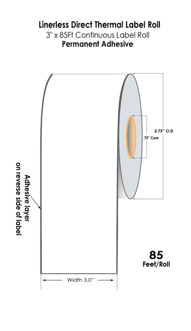 Linerless 3"x85Ft White Direct Thermal Label Roll 0.75"/2.5"OD