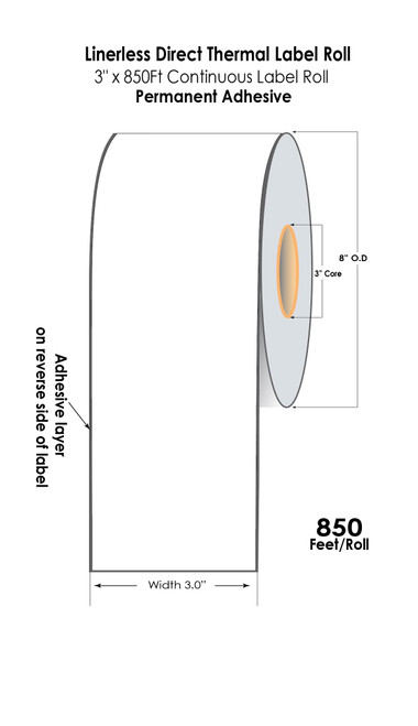Linerless 3"x850Ft White Direct Thermal Label Roll 3.0"/8"OD