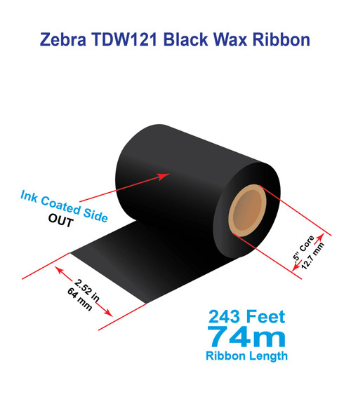 Zebra Desktop 2.52" x 243 feet TDW121 Wax-Resin Enhanced Ribbon with Ink OUT | 12/Ctn