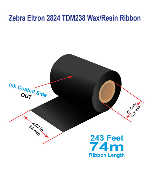 Zebra Eltron 2824 2.52" x 243 feet TDM238 Wax/Resin Ribbon with Ink OUT | 12/Ctn Zebra Eltron 2824 2.52" x 243 feet TDM238 Wax/Resin Ribbon with Ink OUT | 12/Ctn