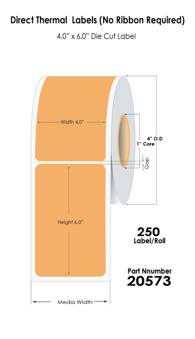 Desktop Orange Direct Thermal 4" x 6" Labels 250/Roll - 1" Core | 4" OD