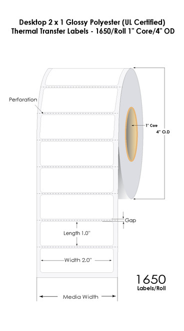 Desktop 2 x 1 Glossy Polyester (UL Certified) Thermal Transfer Labels - 1650/Roll 1" Core/4" OD