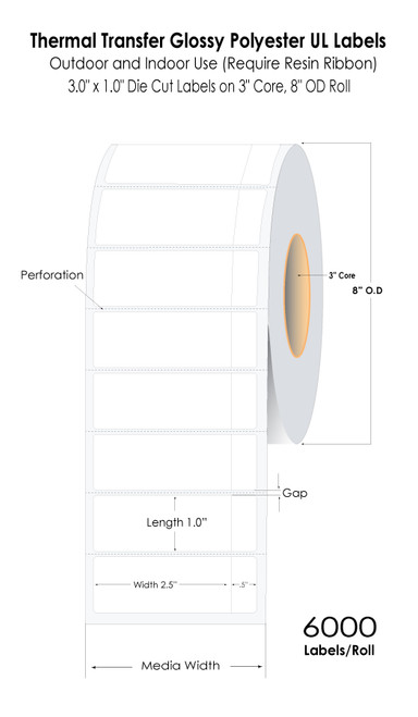 Thermal Transfer 3" x 1" Custom Glossy Polyester UL Labels 6000/Roll 3" Core/8" OD