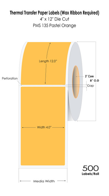 Thermal Transfer 4” x 12” Orange Floodcoated Label 500/Roll 3” Core/8" OD