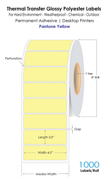 Yellow Thermal Transfer 4" x 3" Glossy Polyester Labels 1000/Roll 1in Core 5in OD - Perforations - 4 Roll/Carton