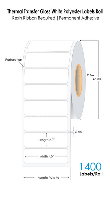 Desktop 4" x 2" Gloss White Polyester UL Thermal Transfer Labels - 1400/Roll - 1in Core - 5in OD - 4 rolls per carton - Perforations