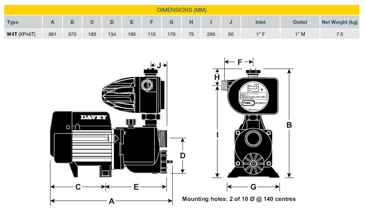 Davey XP45T Dimensional Drawing