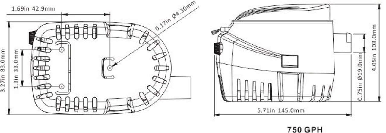 SFBP1-G750-06 , Seaflo Auto Bilge  750GPH 12V Dimensional Drawing