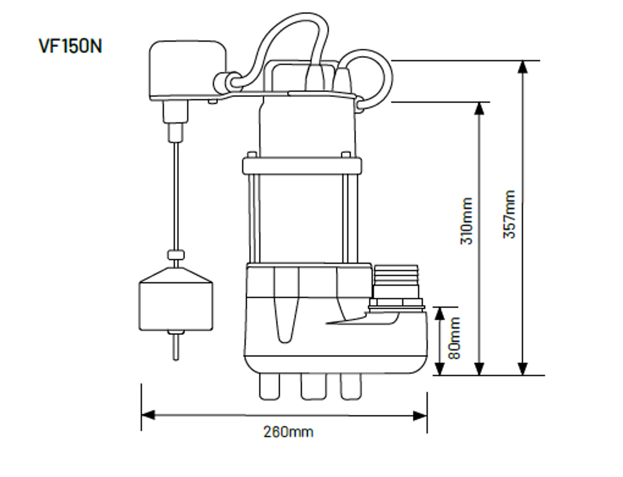 Pentair Onga Drainage Pump VF150N - Narrow Float Dimentional Drawing