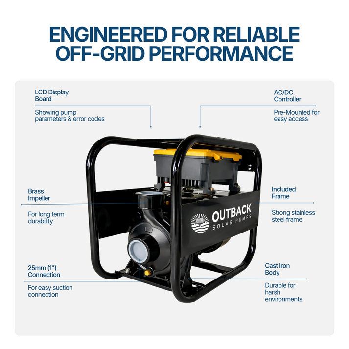 Outback Pathfinder 800W Surface Solar Water Transfer Pump Kit – 37LPM 62m Head with 2 x 450W Solar Panels