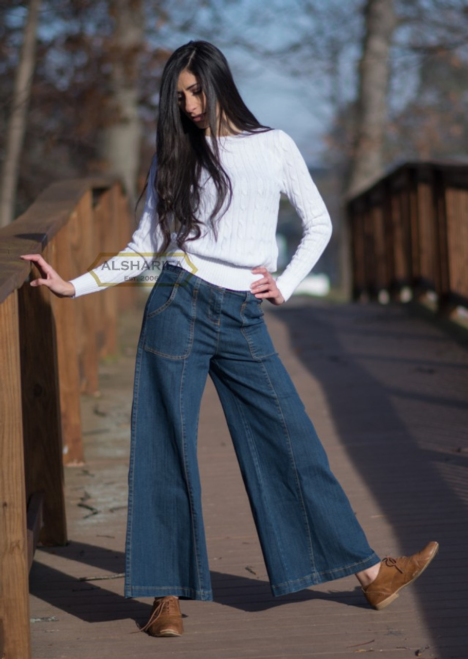 Long Wide-Leg Blue Denim Pants | Wide-legged Trousers for Women [BA005]