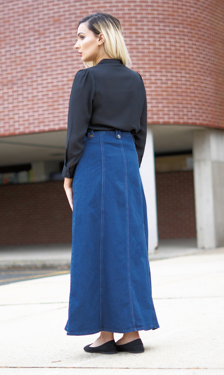 Women High Split Denim Jean Skirt Button Up Gradient Blue A-line Long Skirt  | eBay