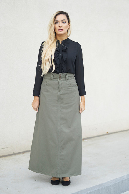 Long A-line Olive Cotton Twill Skirt