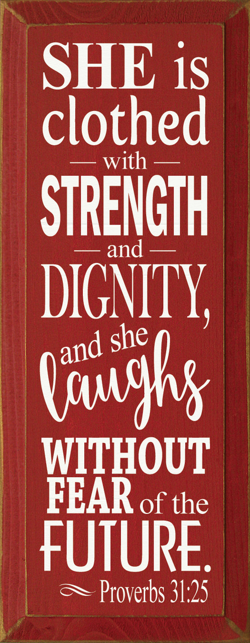 she is dressed in strength and dignity She Is Clothed In Strength And Dignity, Proverbs 31:25, Calligraphy Scripture Art Board Print