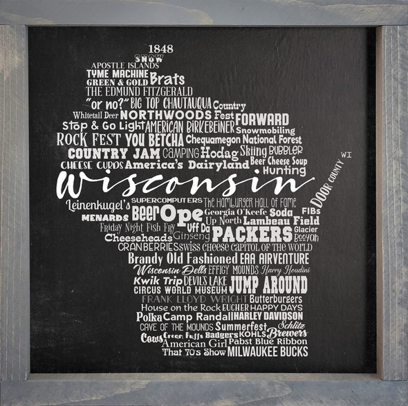 Wisconsin Wordle  | Wooden Framed Signs | Sawdust City Wood Signs Wholesale