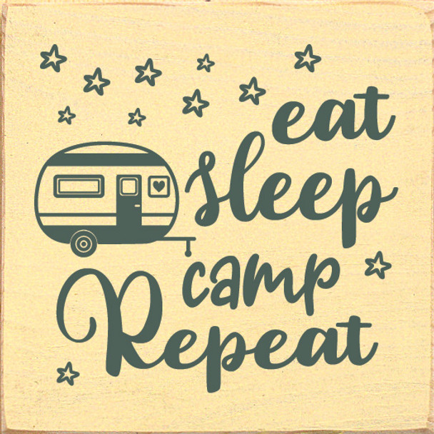 Eat Sleep Camp Repeat  | Shown in Baby Yellow with Winter Green | Wooden Camping Signs | Sawdust City Wood Signs Wholesale