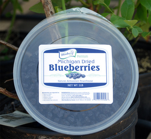 Michigan Dried Blueberries at their finest!  Our dried blueberries are made using only the finest blueberries from True Blue Farms. They are gluten free and do not contain artificial colors or preservatives. This 1 pound resealable package is perfect for baking and snacking.