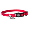 Raspberry leather cat collar with bell and breakaway buckle.