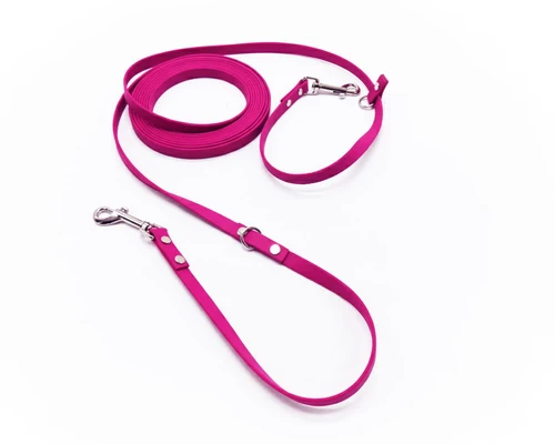Raspberry biothane long line cat leash with nickel-plated swivel snap hooks, fixed D-ring and movable D-ring
