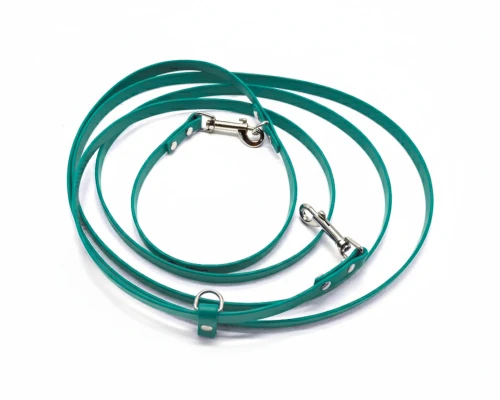 Teal biothane long line cat leash, coiled, with nickel-plated swivel snap hooks and D-ring