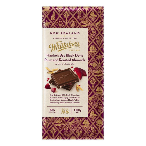 Whittakers Hawkes Bay Black Doris Plum and Roasted Almonds in Dark Chocolate 100g