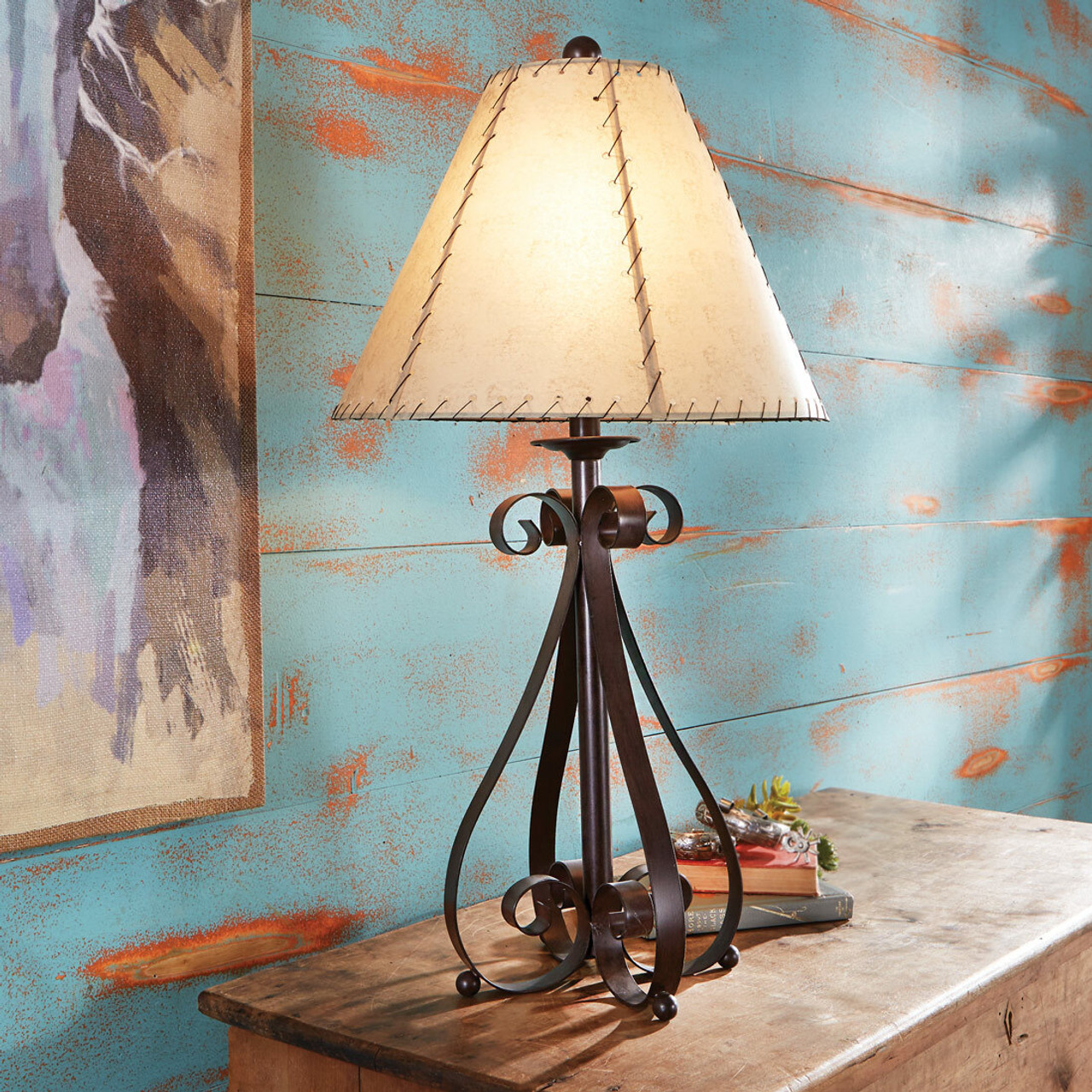 blue scroll table lamp