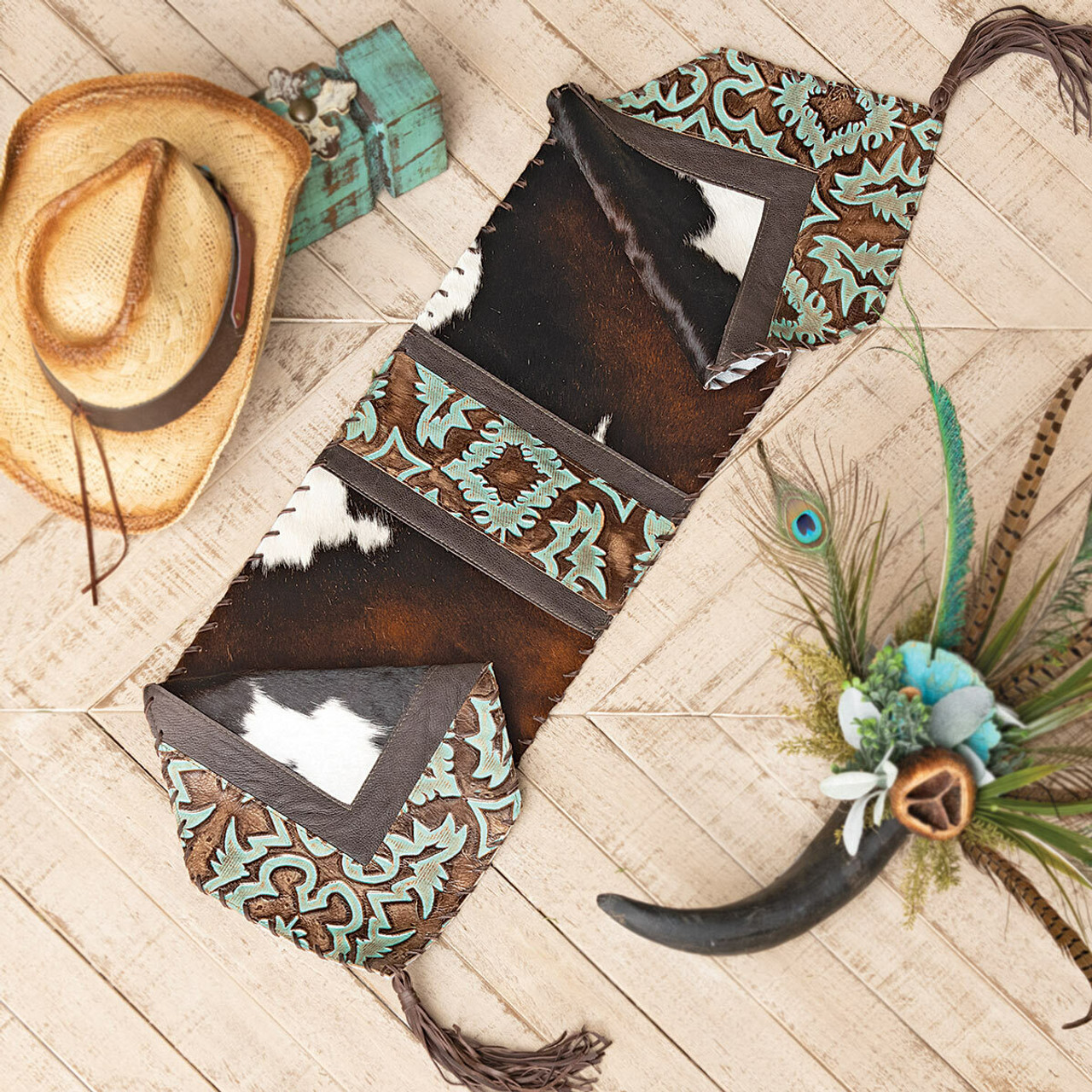 Turquoise Tooled Leather & Cowhide Table Runner 14 x 72 Lone Star