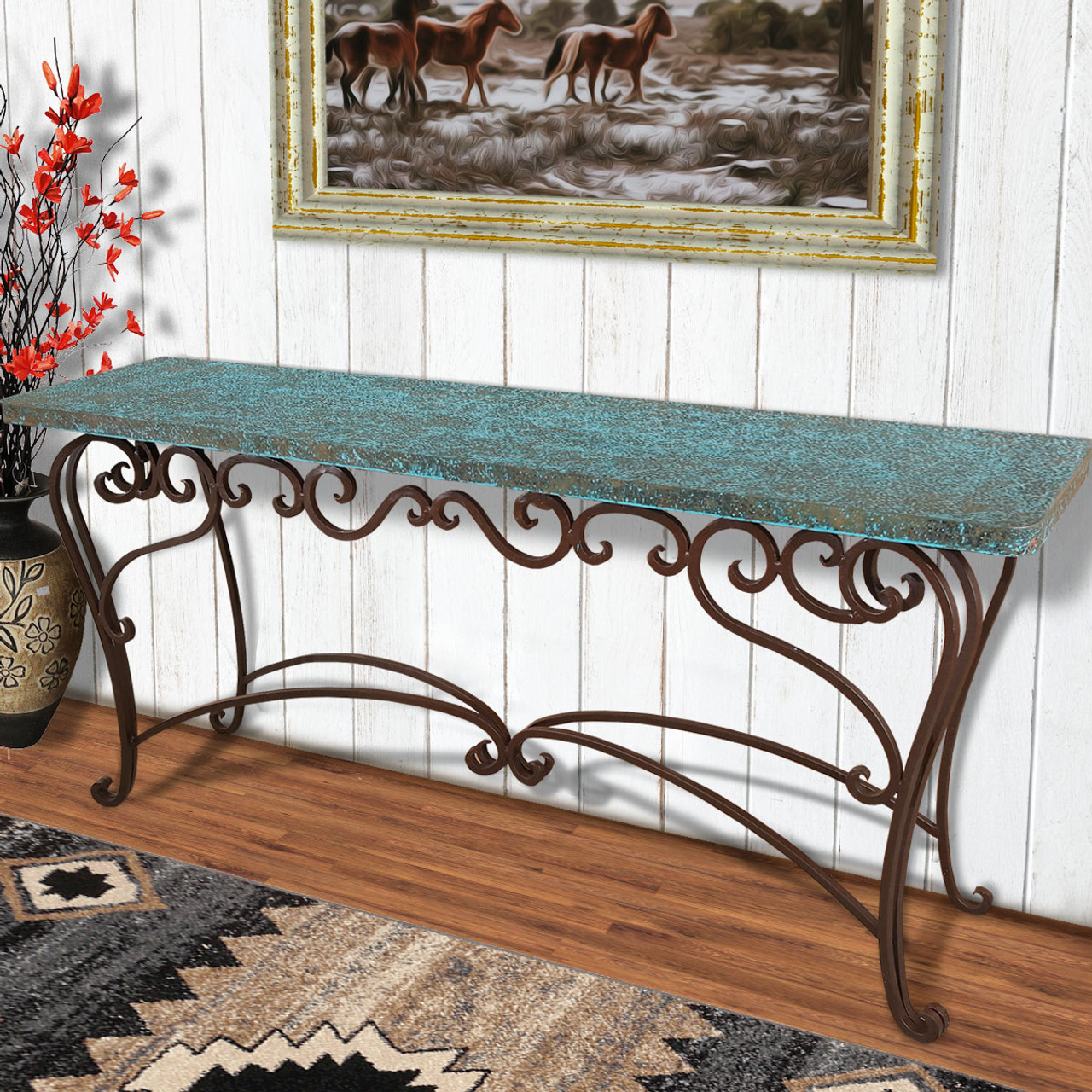 Long Rustic Turquoise Sofa Table Lone Star Western Decor   Media  34301.1689775917 