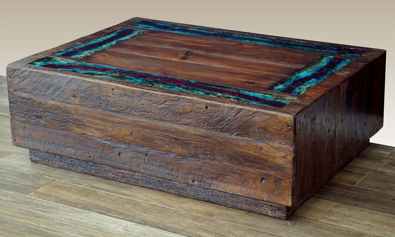 Rustic Iron & Wood Coffee Table with Glass Border Lone Star Western Decor