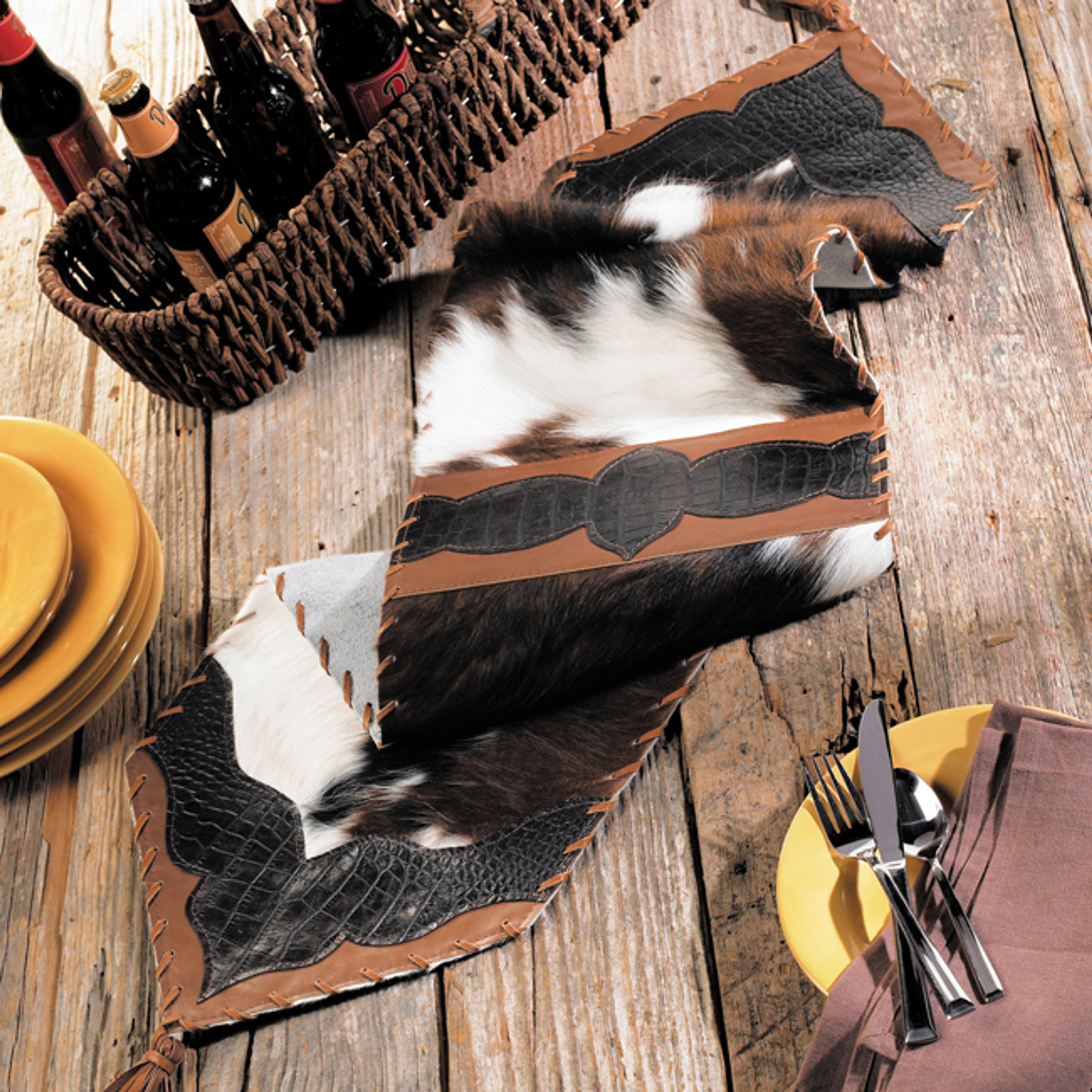 Cowhide & Croc Leather Table Runner 72 Inch Lone Star Western Decor