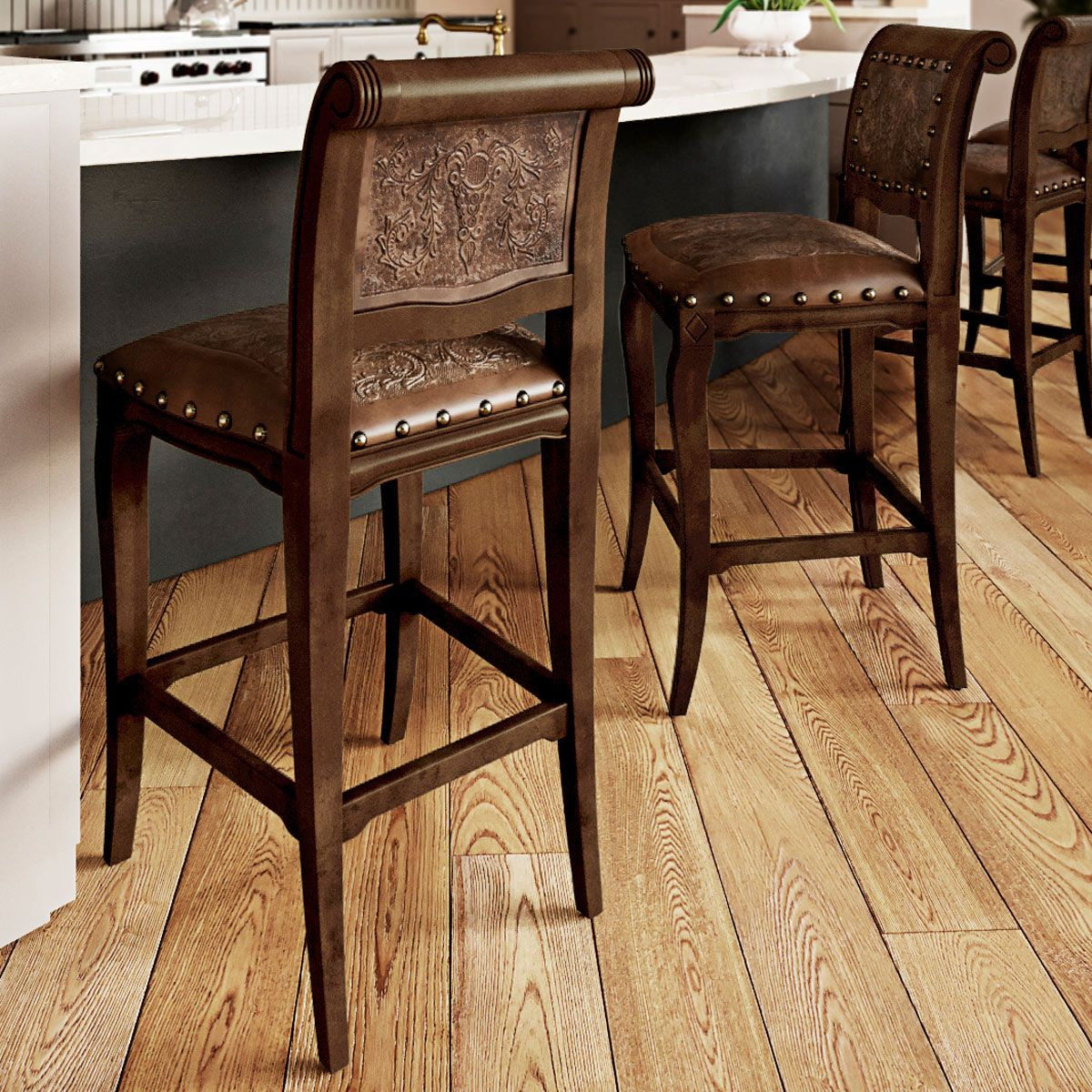 Rustic Bar Furniture Imperial Counter Stool with Tooled Leather Set