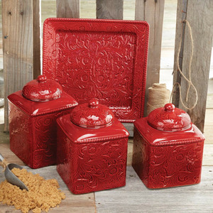 Savannah Red Kitchen Canister Set & Platter