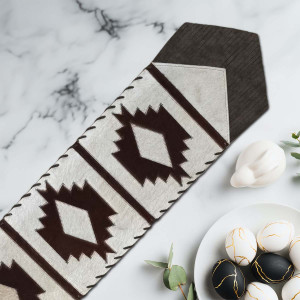 Fringed Ivory Step Pattern Cowhide Table Runners